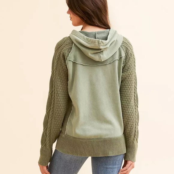 BKE Quarter Zip Hooded Sweatshirt Sea Spray Green Buckle Large Cable Knit - Picture 5 of 8